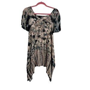 Tie Dye Floral Top M Brown Hi Lo Sequin Tassel Grunge Boho Biker Chic Funky 80s